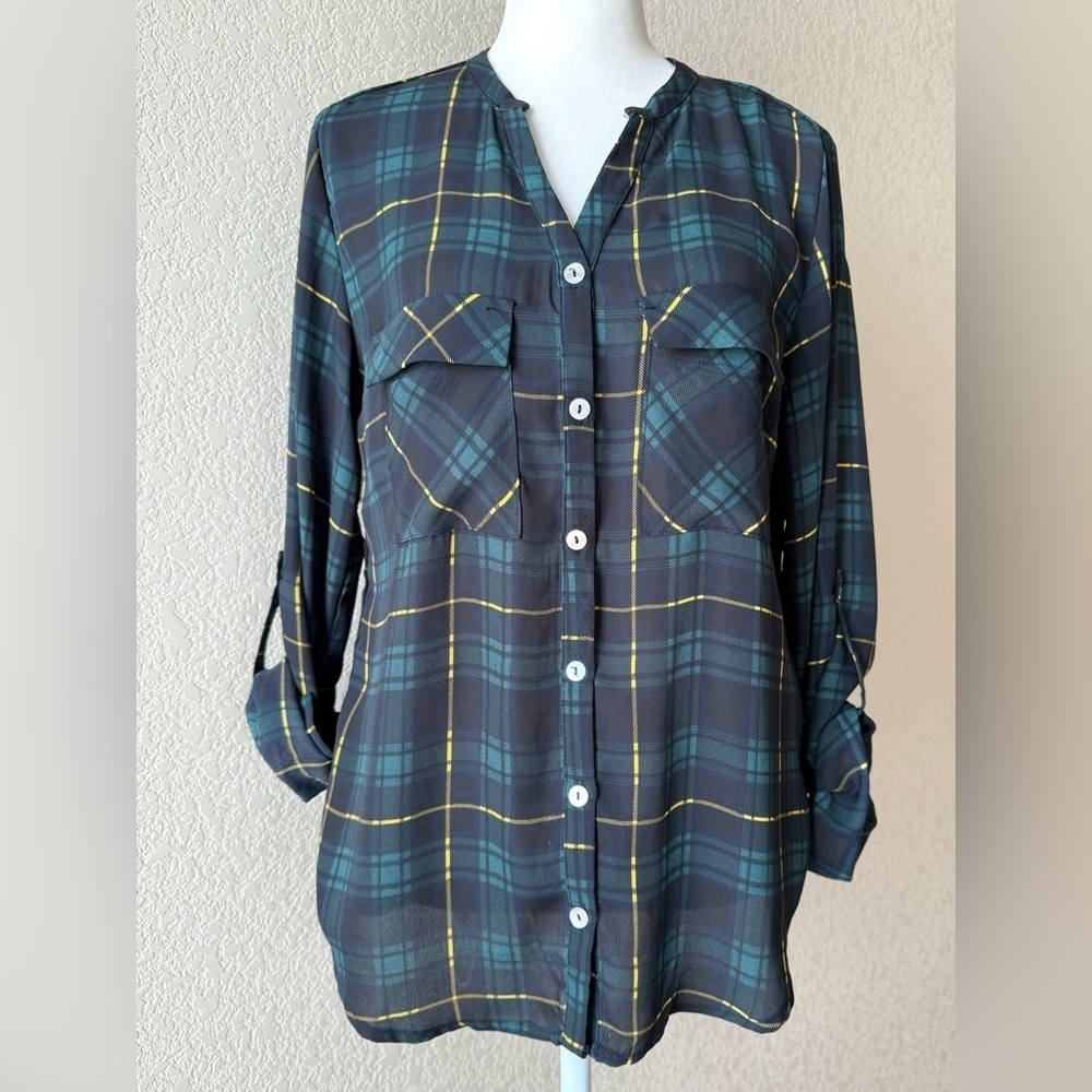 Alice Blue Plaid Button Down Blouse - XS